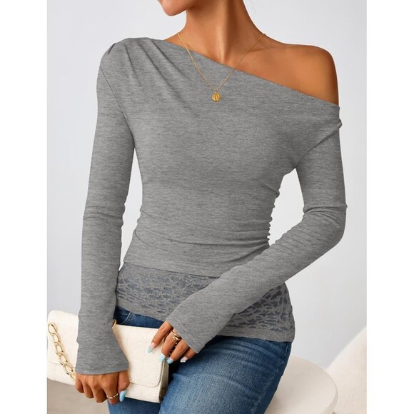 Women's Grey Long Sleeve Off Shoulder Tops Casual Boat Neck Lace Shirts Blouses - Picture 2 of 5